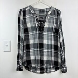 Highline Collective Lace-Up Flannel Plaid Blouse Oversized
